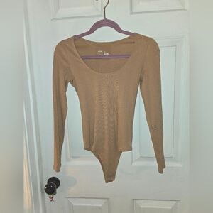 Aerie Ribbed Tan Long Sleeve Scoop Neck Small Bodysuit